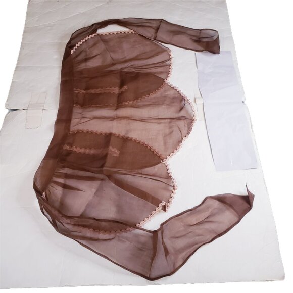 1950s Vintage Wife Brown Sheer Waist Apron Pink Trim with Pockets Retro Trad - Picture 11 of 12